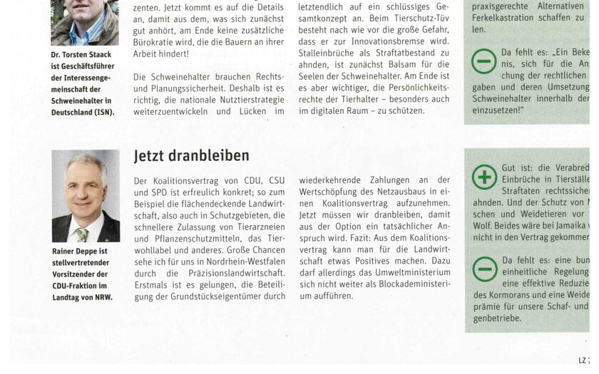 Screenshot der Landwirtschaftlichen Zeitung Rheinland mit Kurzkommentierung des Koalitionsvertrages aus Sicht der Landwirtschaft von Rainer Deppe