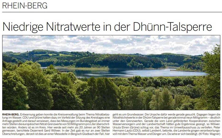Bergischen Landeszeitung vom 17.07.2017: Niedrige Nitratwerte in der Dhünntalsperre